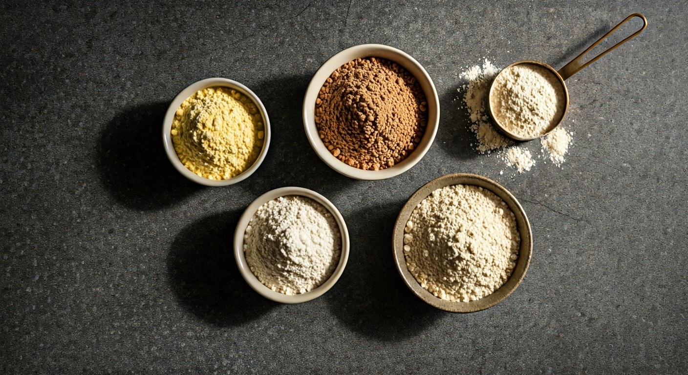 Čtyři druhy bezlepkové mouky v keramických miskách na kamenné desce