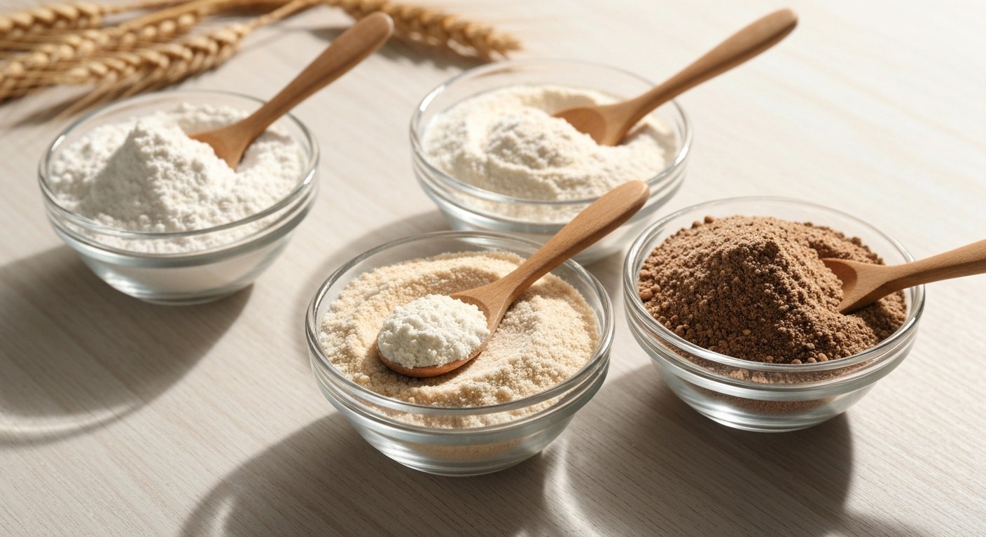 Různé druhy bezlepkové mouky ve skleněných miskách – rýžová, tapioková, mandlová a pohanková