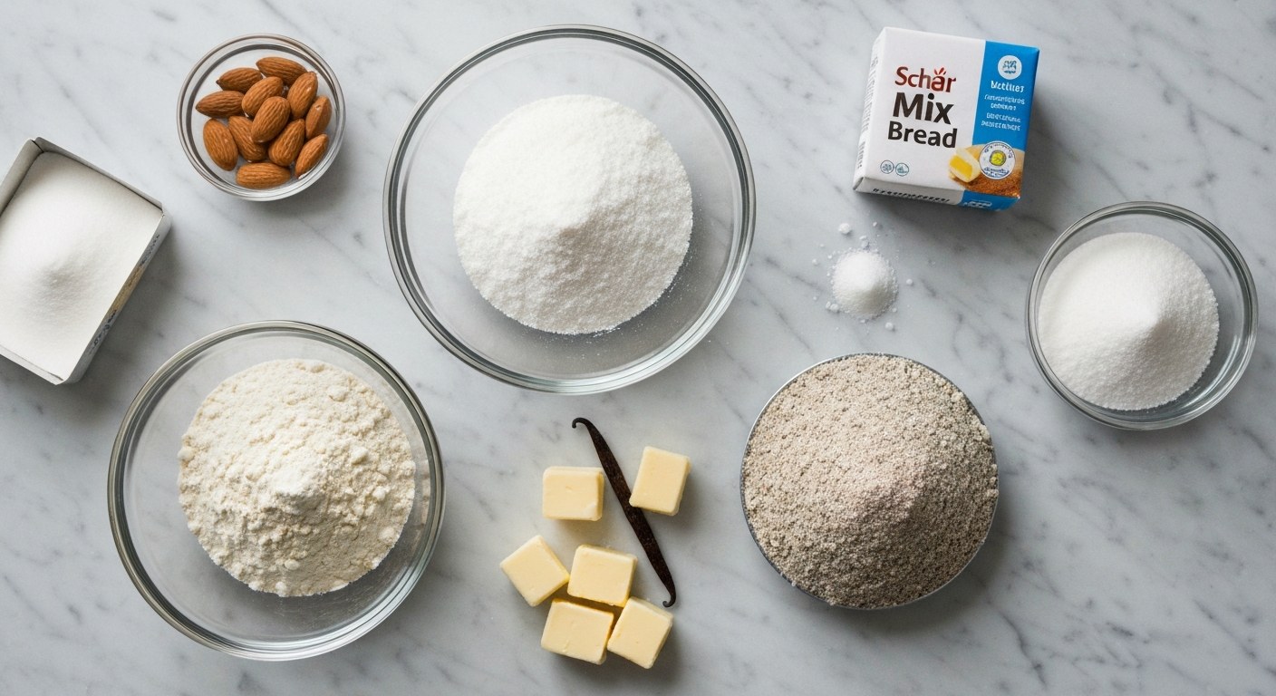 Skleněné mísy s bezlepkovými moukami, erythritolem a máslem na mramorové desce