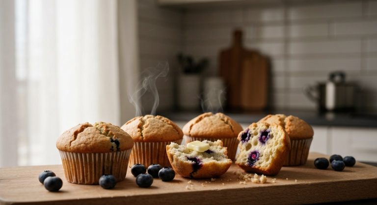 Bezlepkové muffiny: Nadýchaný recept krok za krokem (+ 6 variací) 7 Čerstvé bezlepkové muffiny s borůvkami na dřevěném prkénku, jeden rozkrojený