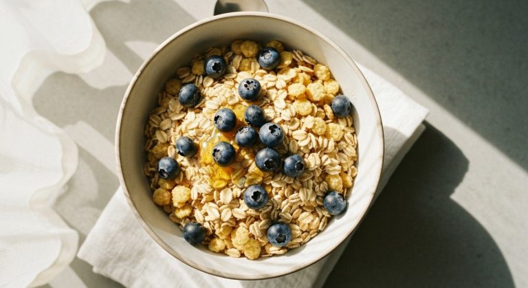 Miska bezlepkového musli s borůvkami a medem na bílém ubrousku