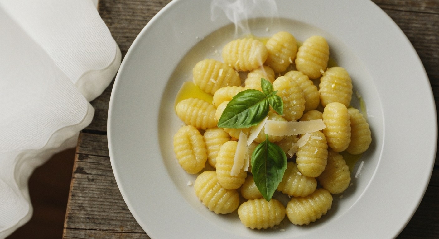 Horké bezlepkové gnocchi s bazalkou a parmazánem na bílém talíři