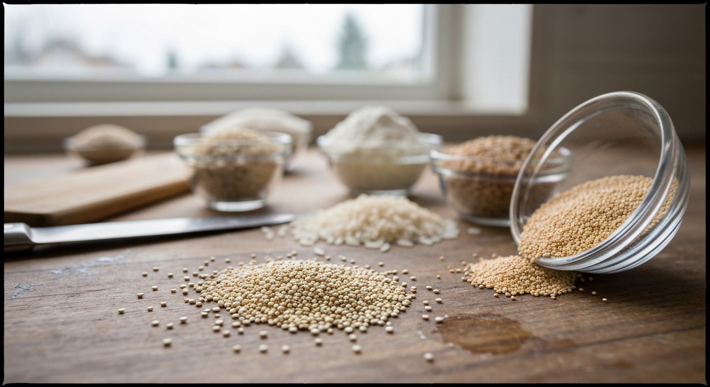 Různé bezlepkové obiloviny a mouky na dřevěné kuchyňské lince ve skleněných miskách