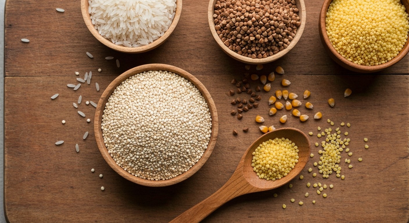 Přirozeně bezlepkové obiloviny a plodiny Různé bezlepkové obiloviny na dřevěném prkénku — rýže, quinoa, pohanka