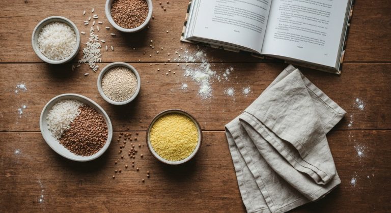 Různé bezlepkové obiloviny v keramických miskách na dřevěném stole