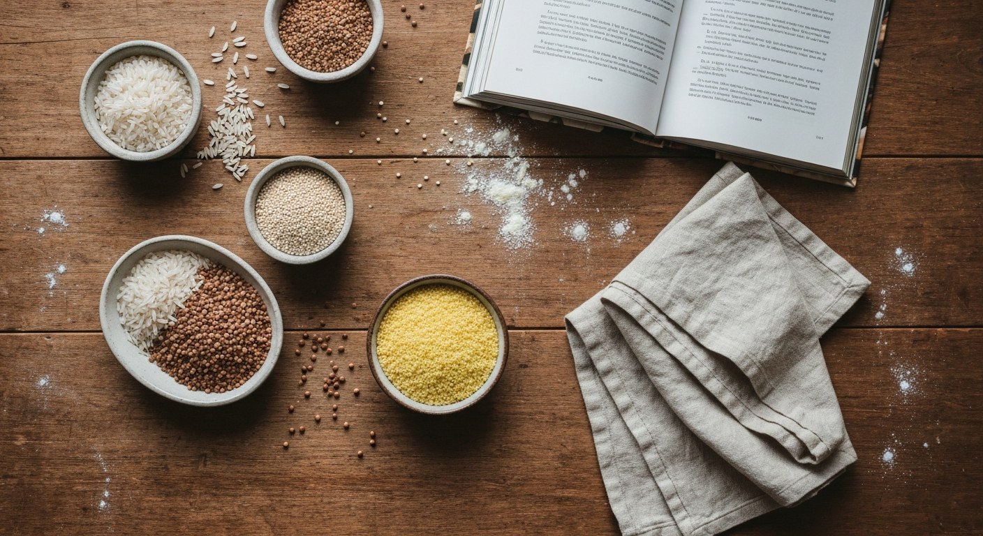 Různé bezlepkové obiloviny v keramických miskách na dřevěném stole