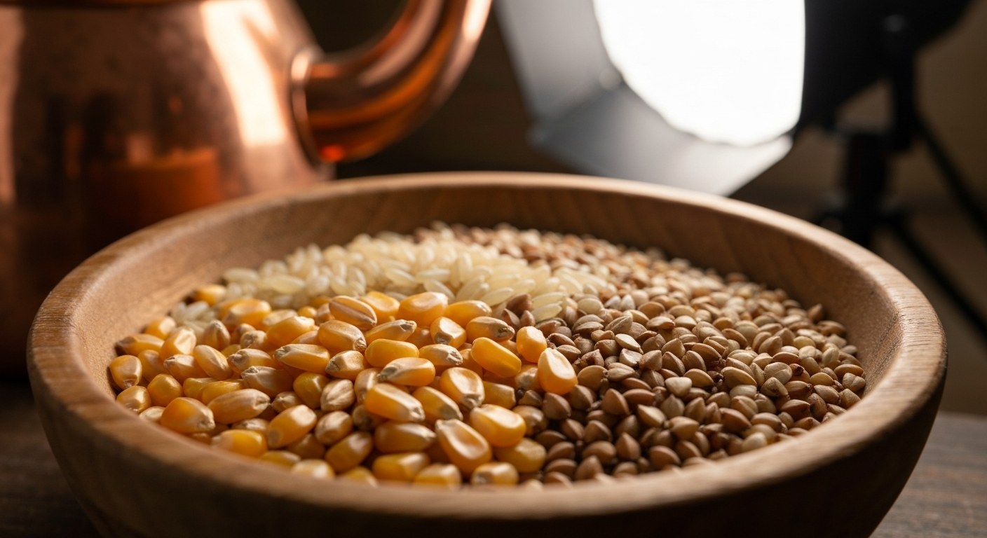 Různé bezlepkové obiloviny pro vaření piva – rýže, kukuřice, pohanka a proso