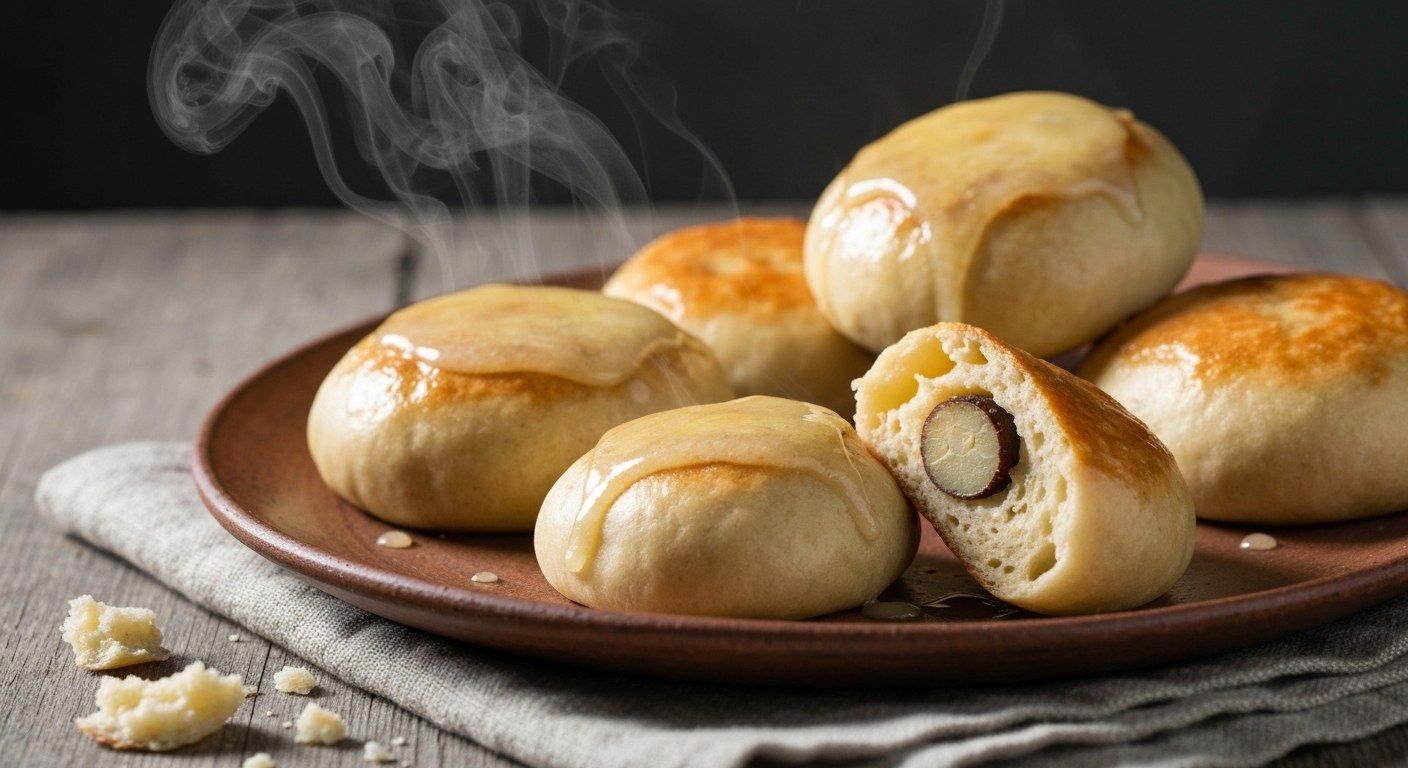 Tři bezlepkové ovocné knedlíky s jahodami na keramickém talíři s rozpuštěným máslem