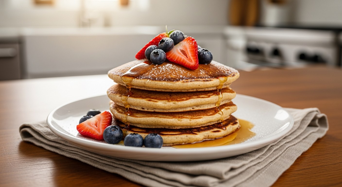Naskládané nadýchané bezlepkové palačinky s čerstvým ovocem a javorovým sirupem na bílém talíři