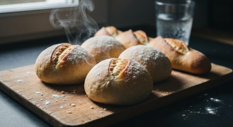 Čerstvě upečené bezlepkové bulky a bageta na dřevěném prkénku s viditelnou kůrkou a drobečky