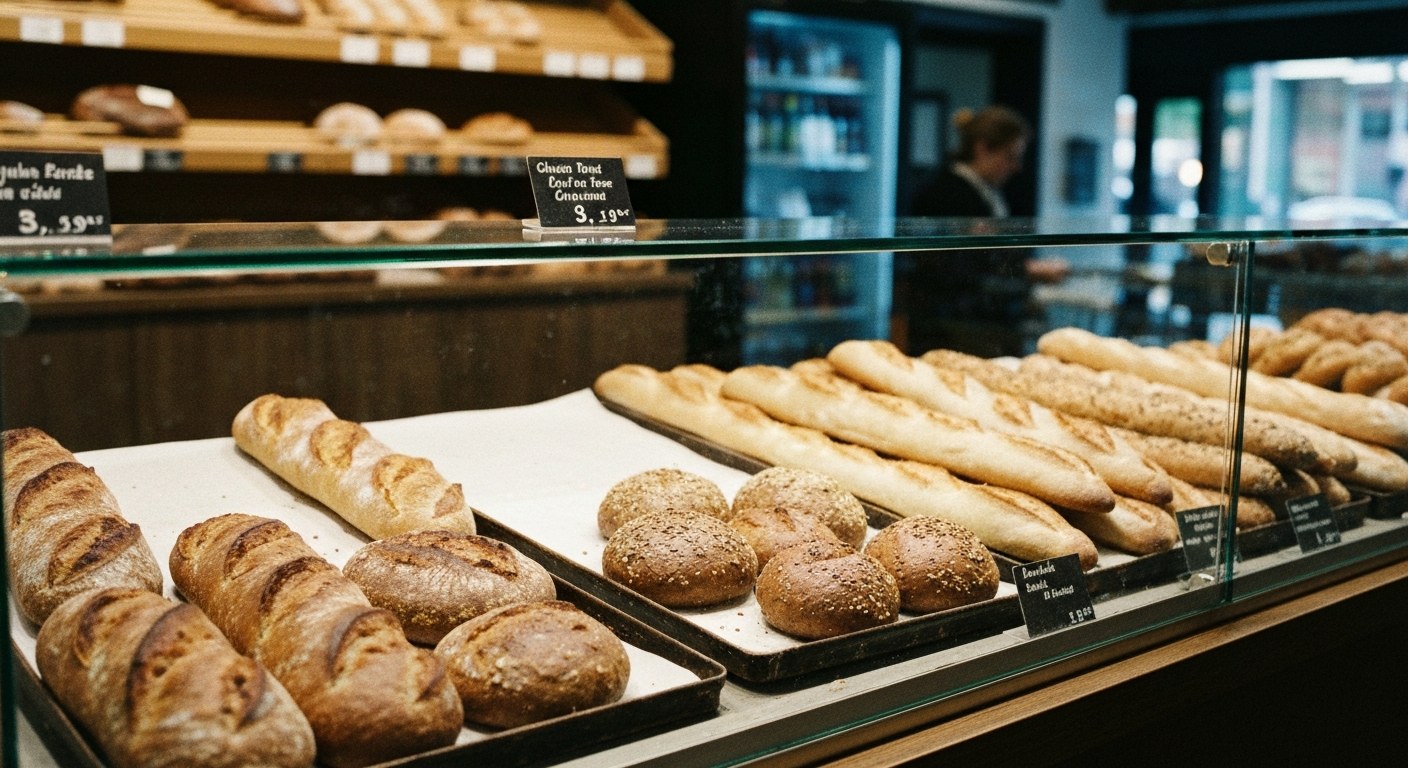 Pult s bezlepkovým pečivem v pekařství Albert, různé druhy baget a rohlíků