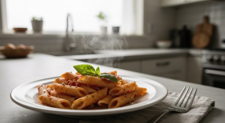 Horké bezlepkové penne těstoviny s rajčatovou omáčkou a čerstvou bazalkou na keramickém talíři