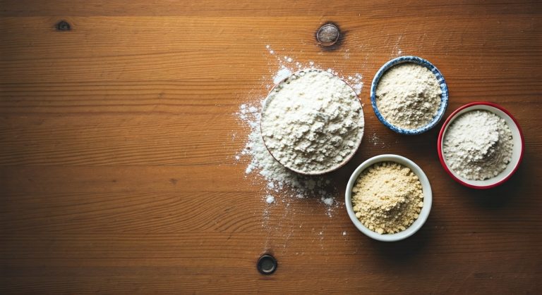 Různé druhy bezlepkových mouk v keramických miskách na dřevěné desce s odměrkou