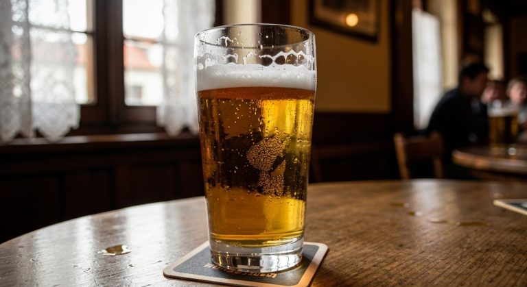 Půllitr zlatého bezlepkového piva s kondenzací na dřevěném stole v české hospodě