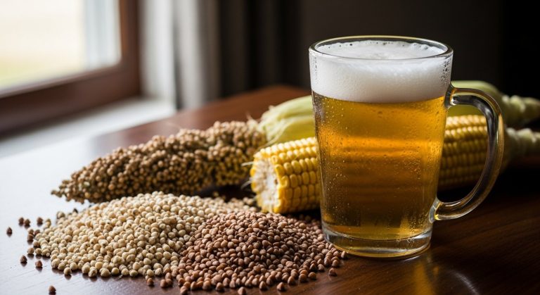 Sklenice světlého bezlepkového piva s pěnou vedle zrn čiroku, pohanky a kukuřice na dřevěném stole