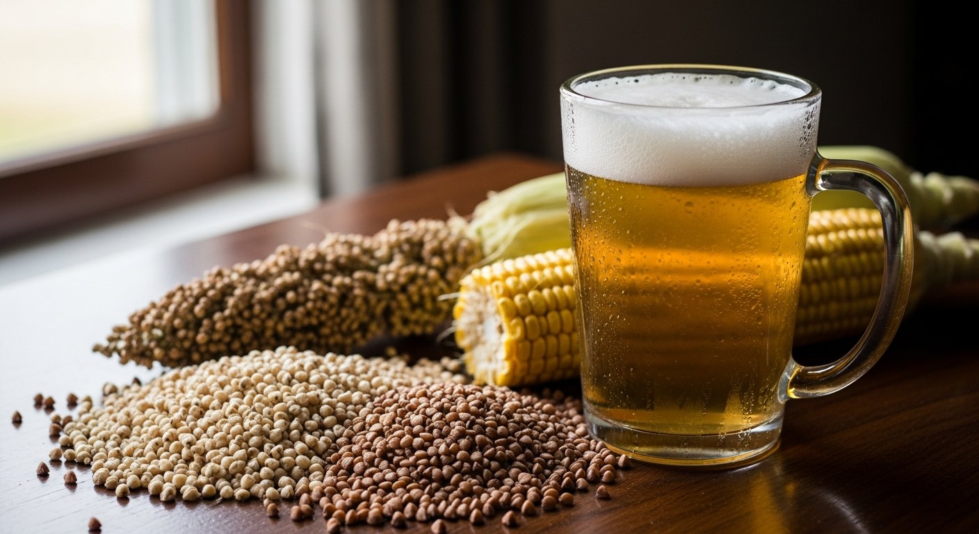 Sklenice světlého bezlepkového piva s pěnou vedle zrn čiroku, pohanky a kukuřice na dřevěném stole