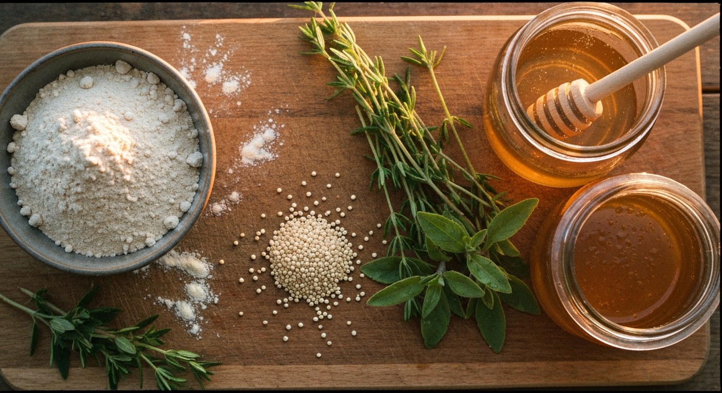 Bezlepkové suroviny na dřevěném prkénce - pohanková mouka, quinoa a čerstvé bylinky