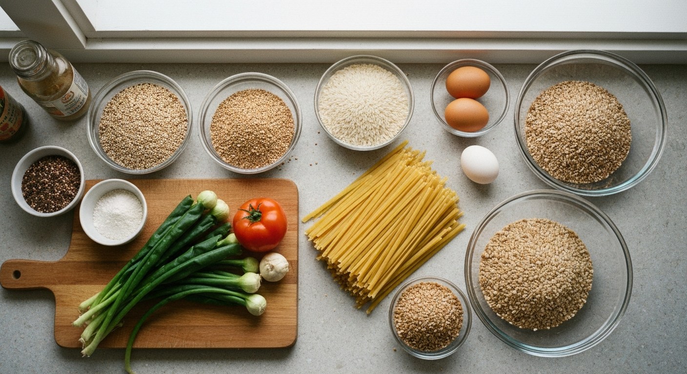 Různé bezlepkové potraviny a suroviny na kuchyňské lince