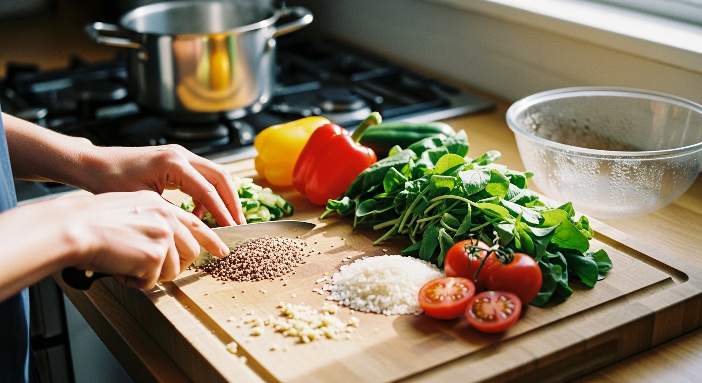 Čerstvé bezlepkové potraviny na dřevěném prkénku v domácí kuchyni