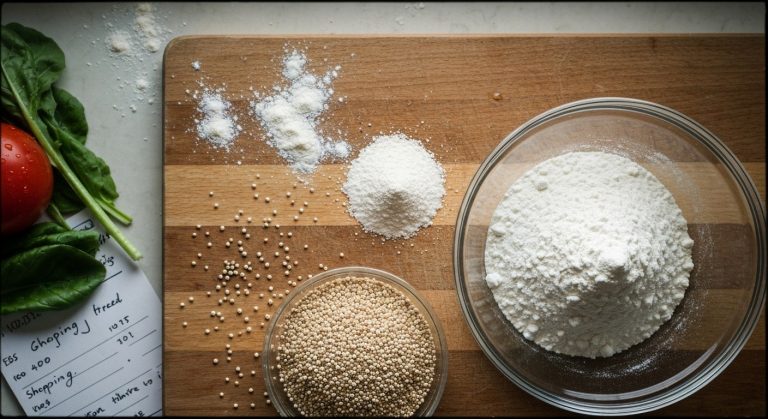 Bezlepkové suroviny na dřevěném prkénku: quinoa, rýžová mouka ve skleněné míse, čerstvá zelenina