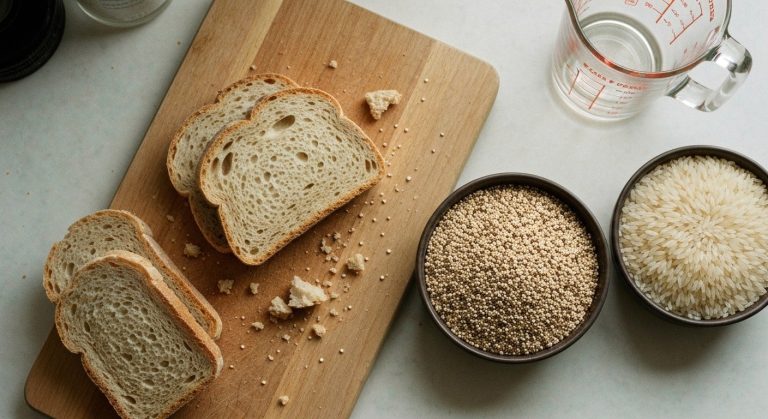 Bezlepkové potraviny na dřevěném prkénku: chléb, quinoa a rýže v přirozeném kuchyňském světle