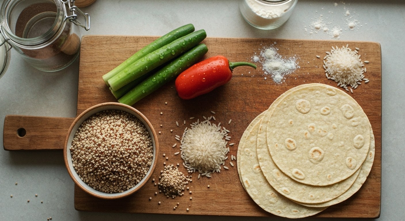 Bezlepkové suroviny na dřevěném prkénku: quinua, rýže, zelenina a kukuřičné tortilly