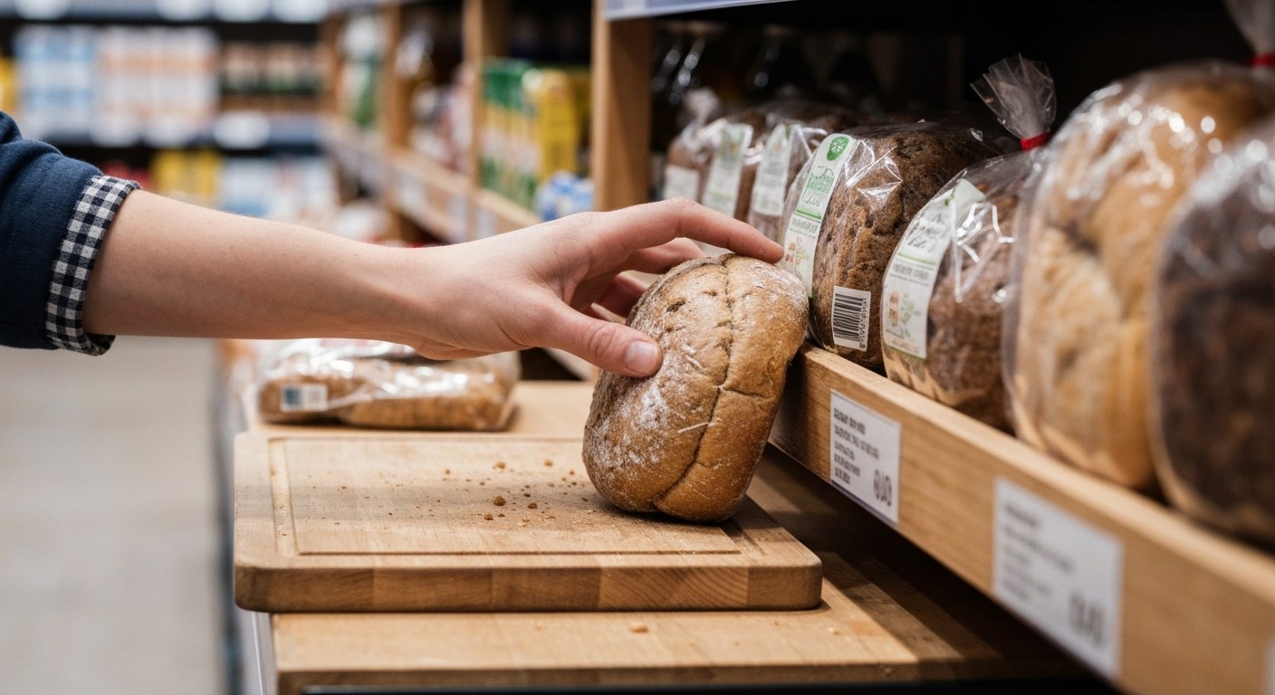 Ruce vybírají bezlepkový chléb v obchodě s potravinami