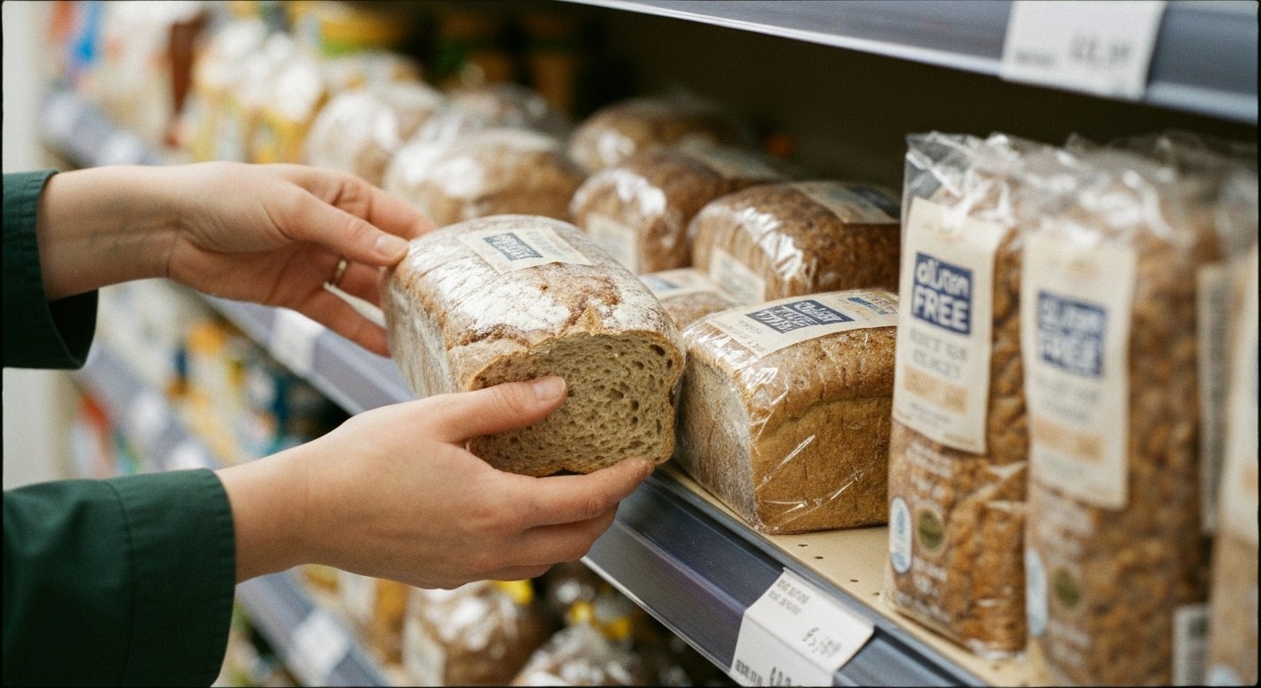 Ruka vybírá bezlepkový chléb z regálu specializované prodejny