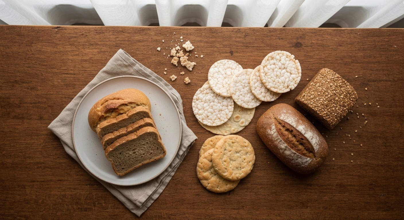Srovnání běžného pečiva a bezlepkových alternativ na dřevěném stole