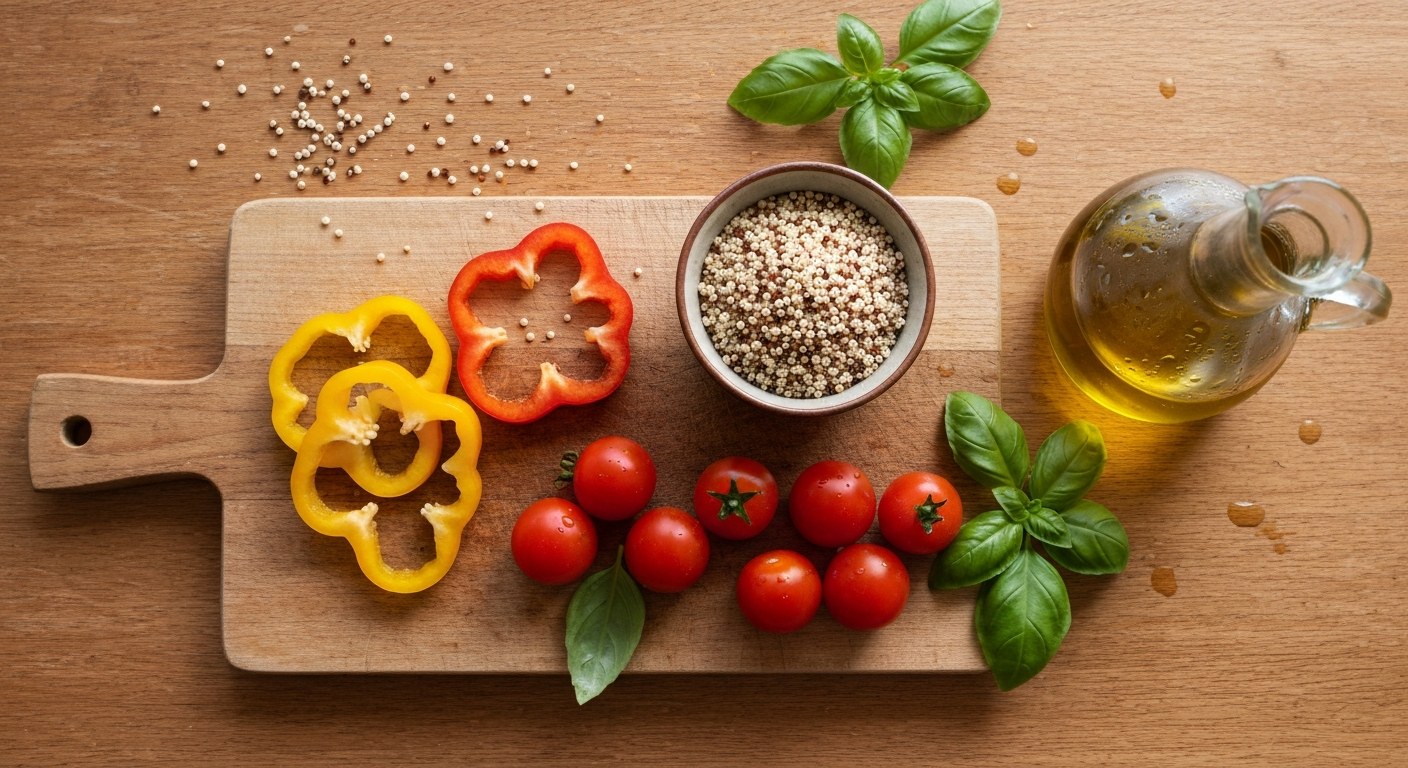 Čerstvé suroviny pro bezlepkovou stravu na dřevěném prkénku: quinoa, zelenina, bylinky