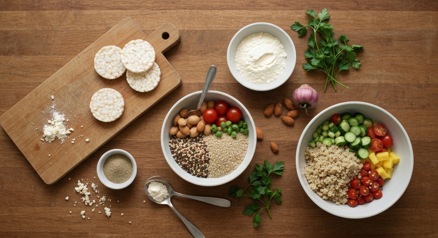 Bezlepkové potraviny na dřevěném stole – quinoa, zelenina, rýžové krekry