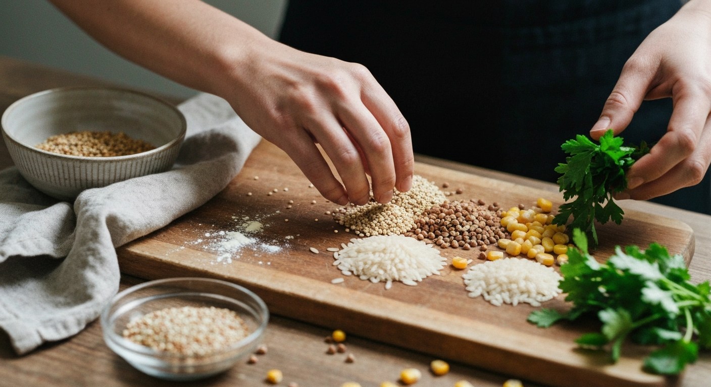 Ruce připravují bezlepkové suroviny na dřevěném prkénku