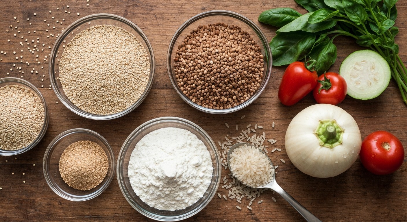 Přirozeně bezlepkové potraviny pro zdravou dietu Přirozeně bezlepkové suroviny na dřevěném stole: quinoa, pohanka, rýžová mouka a čerstvá zelenina