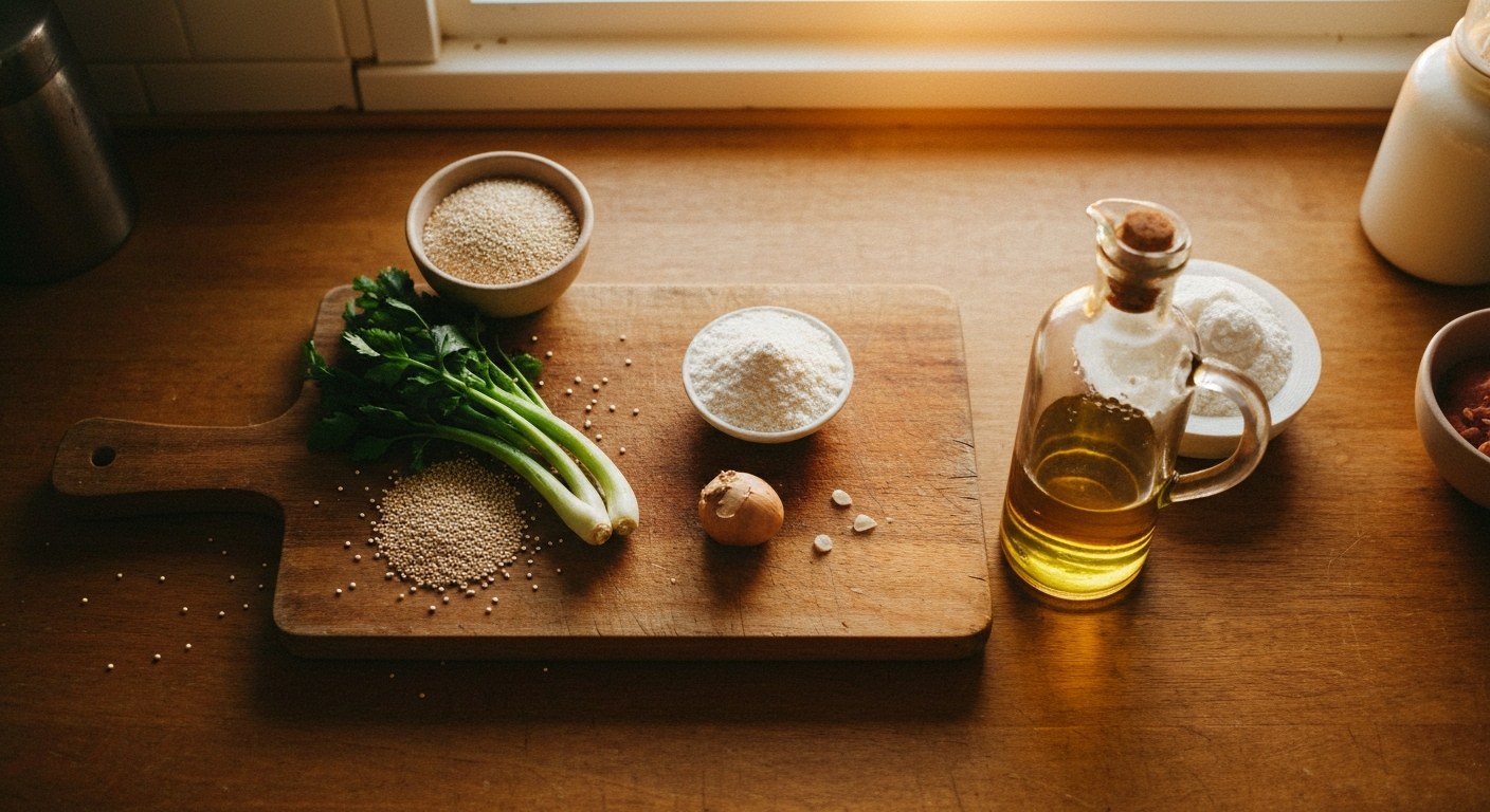 Bezlepkové suroviny na dřevěném prkénku – quinoa, rýžová mouka a čerstvá zelenina