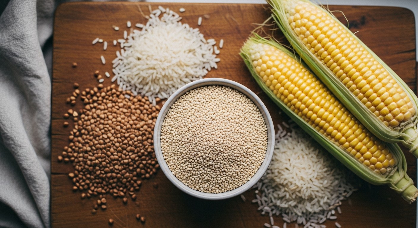 Bezlepkové suroviny na dřevěném prkénce – quinoa, pohanka, kukuřice