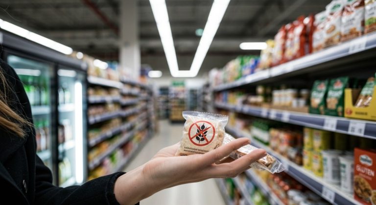 Ruka držící balení se symbolem přeškrtnutého klasu pro bezlepkovou dietu