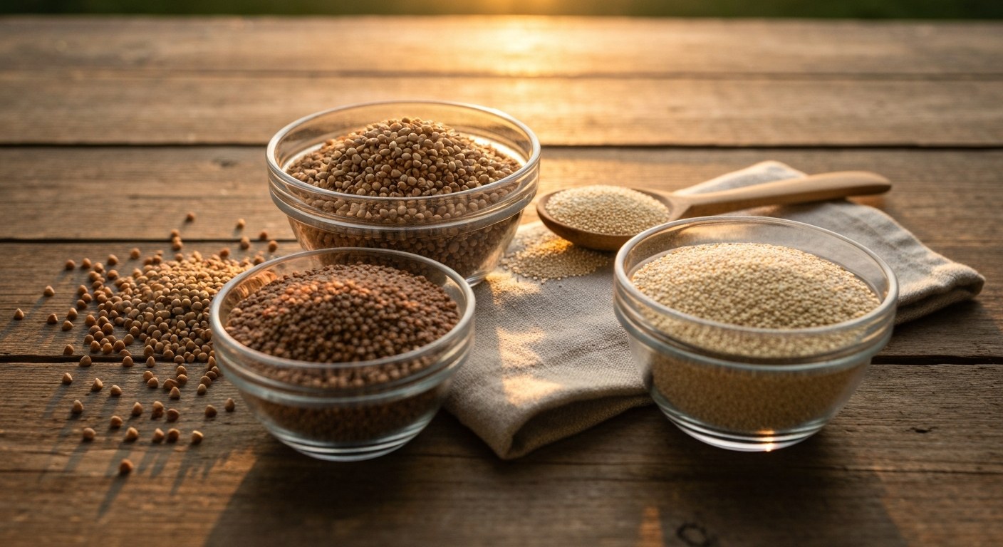 Skleněné mísy s pohankou, quinou, amarantem a teff na dřevěném stole