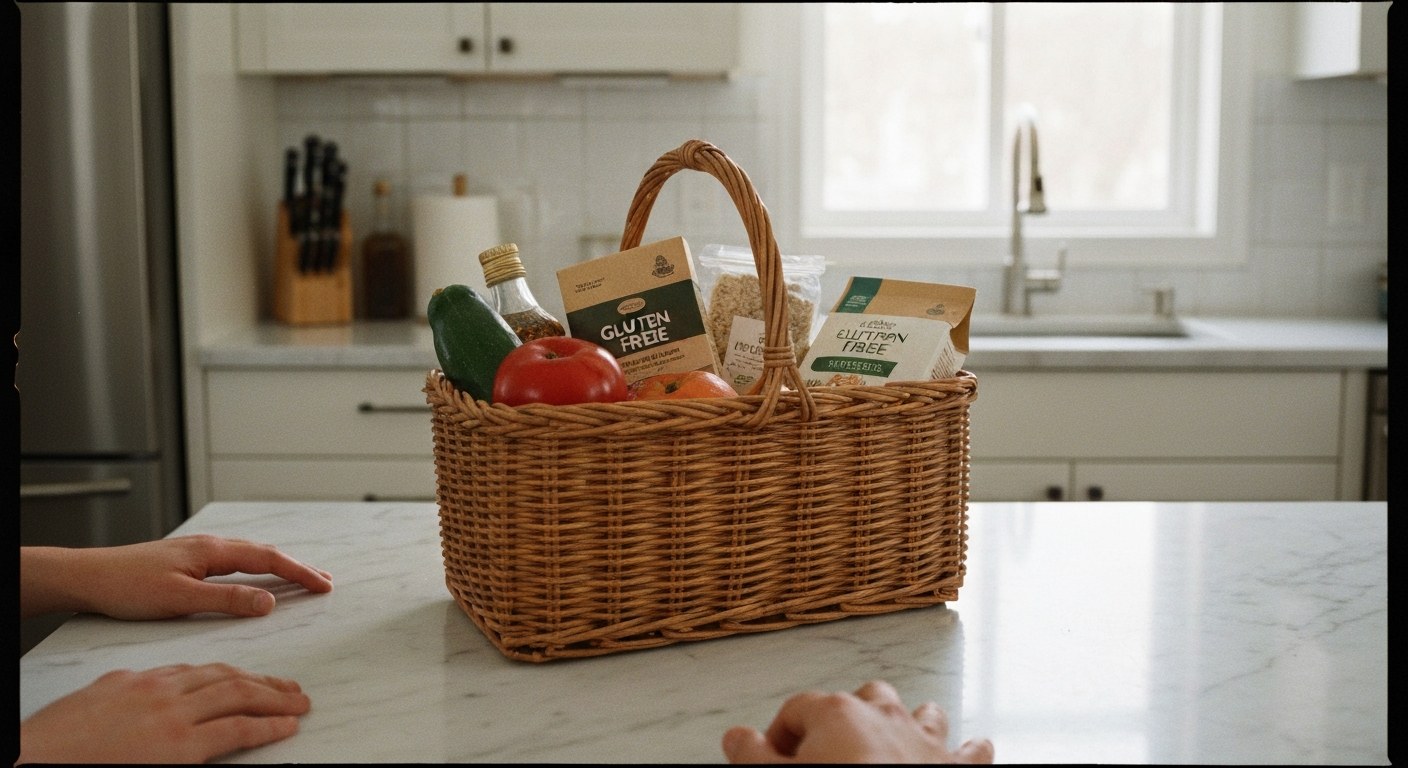 Nákupní košík s bezlepkovými produkty na kuchyňské lince s přírodním osvětlením
