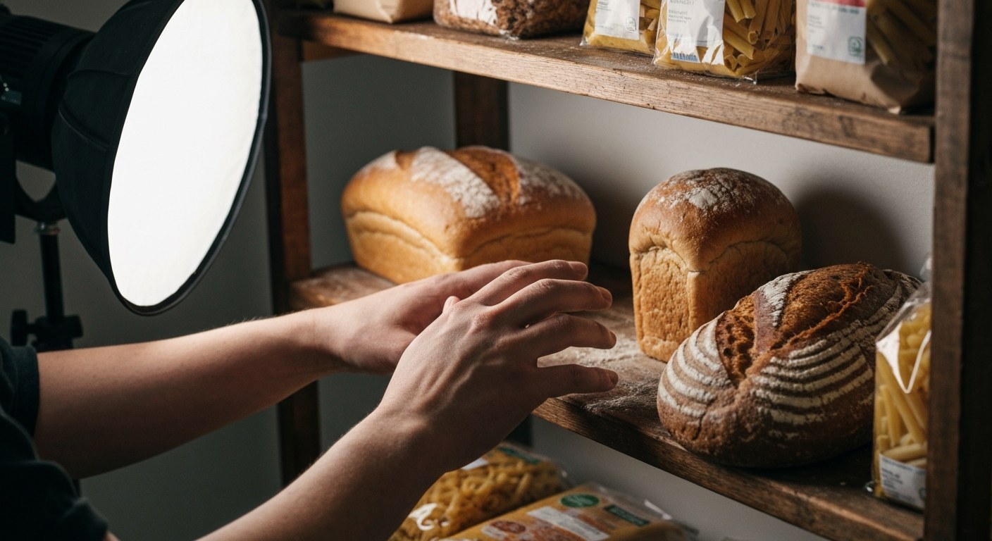 Ruce upravující bezlepkové pečivo a těstoviny na dřevěných policích prodejny