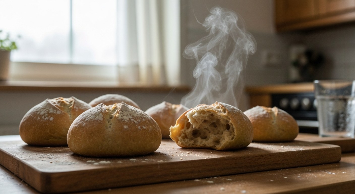 Čerstvě upečené bezlepkové rohlíky na dřevěném prkénku s viditelnou nadýchanou střídkou