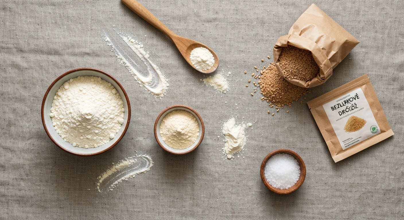 Přehled ingrediencí pro bezlepkové rohlíky: rýžová mouka, kukuřičný škrob, psyllium a droždí
