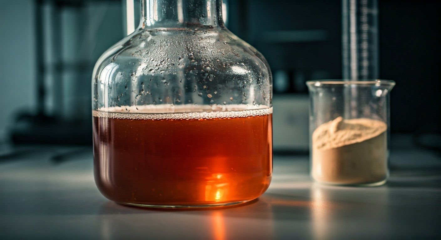 Laboratorní nádoba s rýžovým kvasem a konopnou bílkovinou pro vývoj bezlepkového pečiva