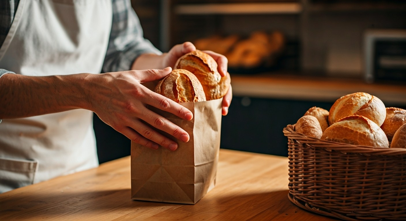 Pekař vkládá čerstvé bezlepkové rohlíky do papírového sáčku v specializované pekárně