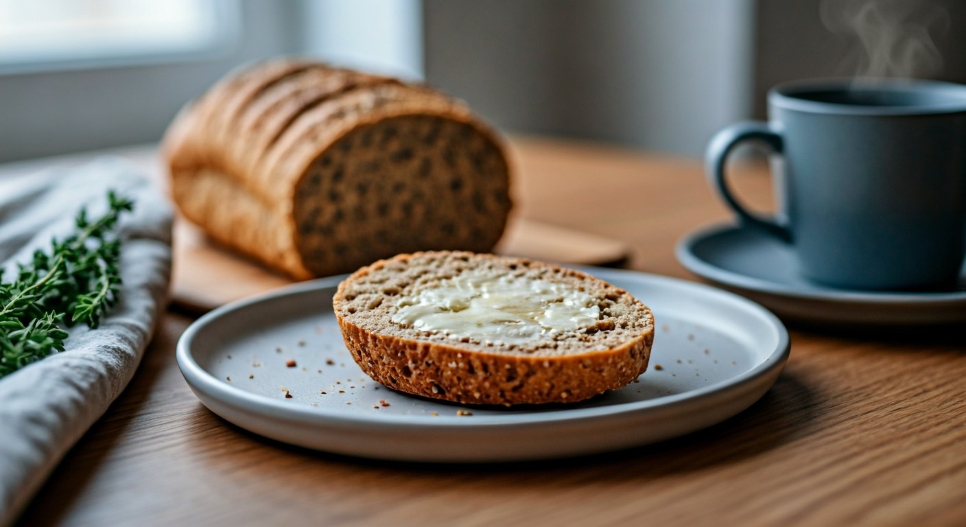 Rozkrojený bezlepkový rohlík s máslem na snídaňovém talíři u kávy