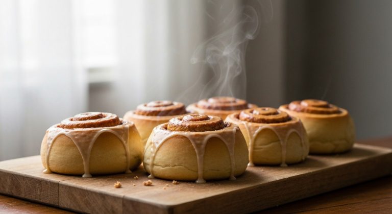Bezlepkové skořicové rolky: Recept, který nadchne každého 14 Čerstvě upečené bezlepkové skořicové rolky s lesklou polevou na dřevěném prkénku