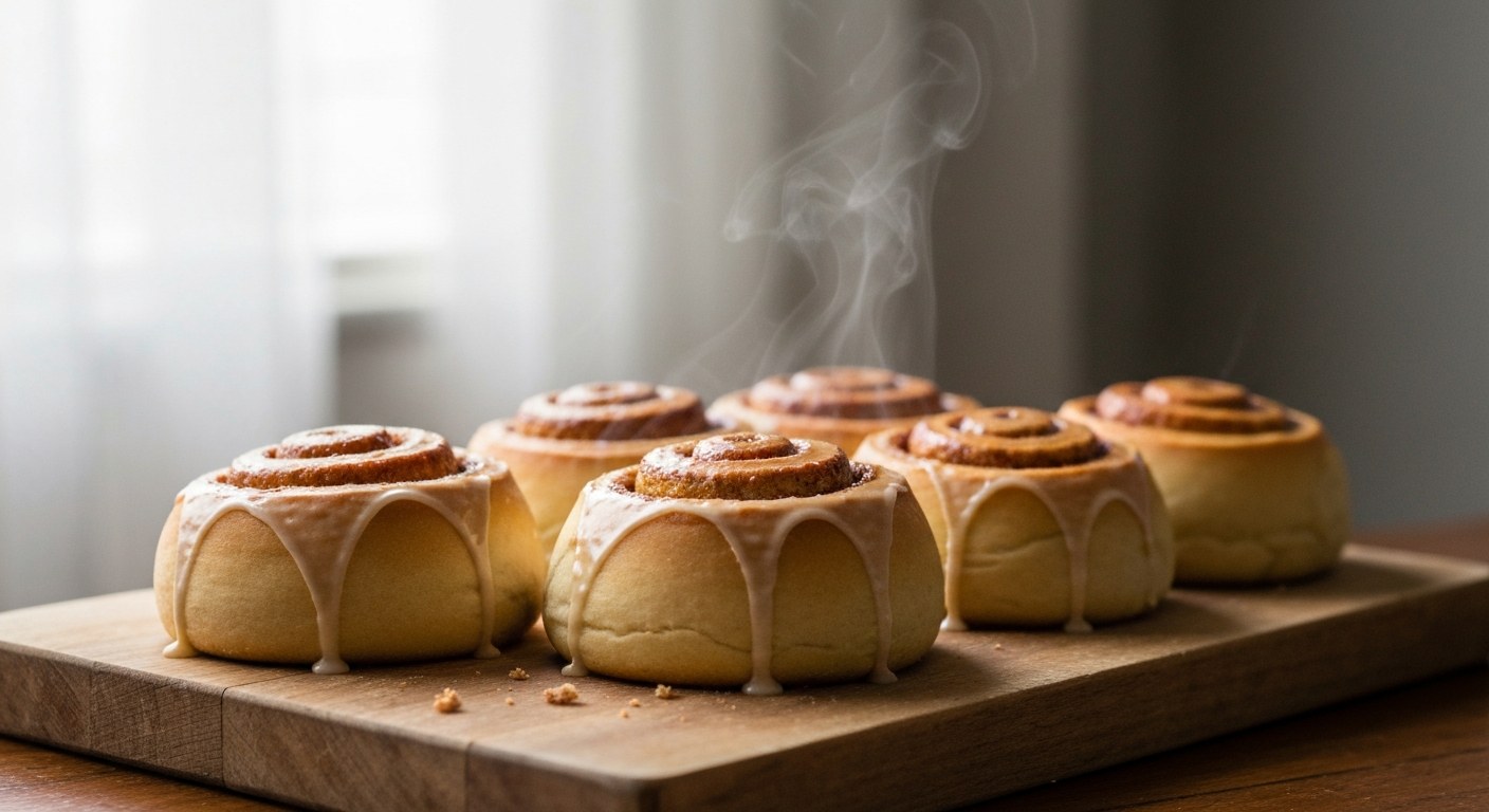 Čerstvě upečené bezlepkové skořicové rolky s lesklou polevou na dřevěném prkénku