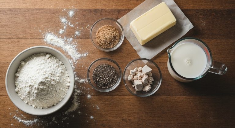 Suroviny na bezlepkové housky na dřevěném stole: mouka, psyllium, droždí, máslo