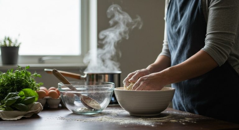 Ženské ruce pracující s bezlepkovým těstem v keramické misce na tmavé dřevěné desce