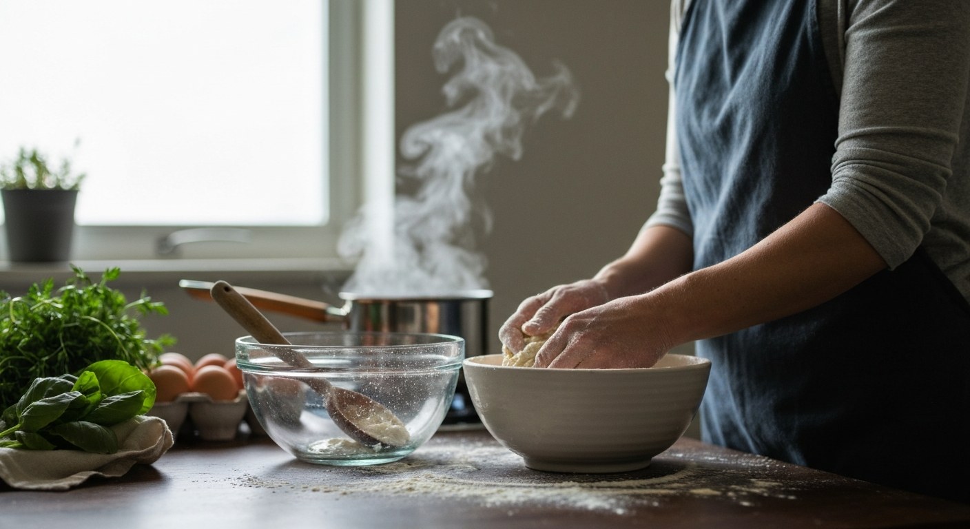Ženské ruce pracující s bezlepkovým těstem v keramické misce na tmavé dřevěné desce