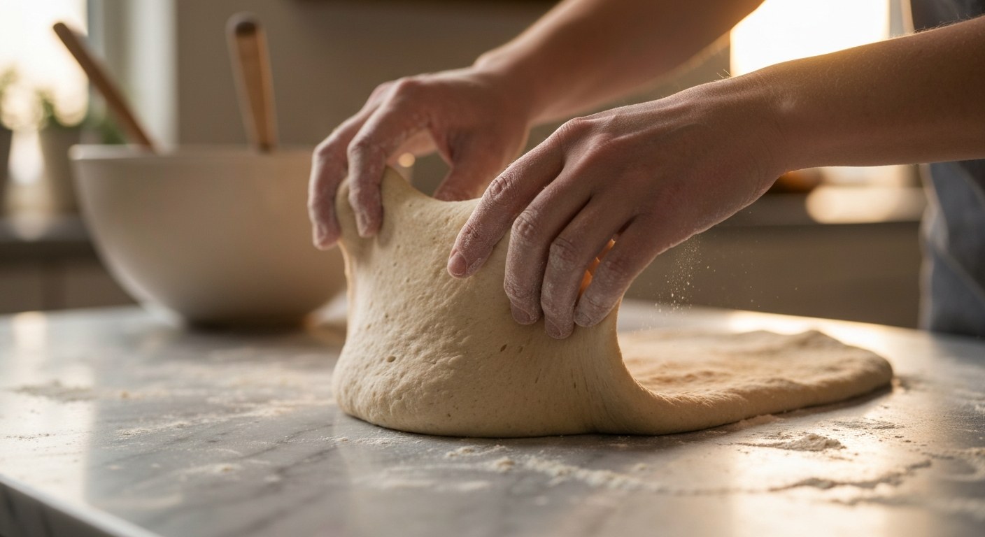 Ruce pracující s bezlepkovým těstem na mramorové desce s moukou